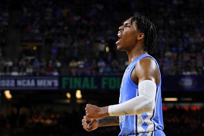 Apr 2, 2022; New Orleans, LA, USA; North Carolina Tar Heels guard Caleb Love (2) reacts after a play against the Duke Blue Devils during the second half during the 2022 NCAA men's basketball tournament Final Four semifinals at Caesars Superdome. Mandatory Credit: Bob Donnan-USA TODAY Sports
